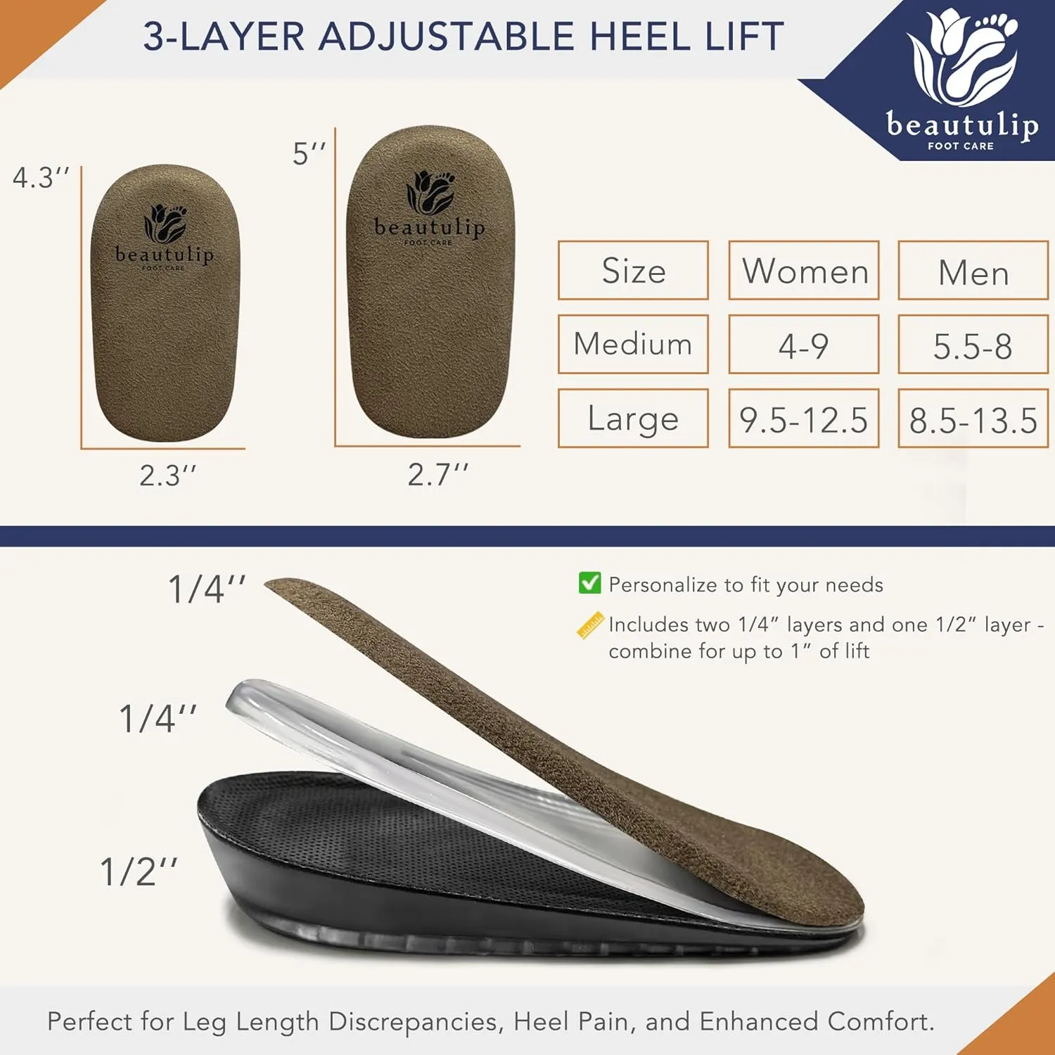 3-Layer Adjustable Heel Lift Inserts - Height Increase Insoles for Women and Men, Heel Cushion Cups for Heel Pain and Leg Length Discrepancies (Medium: Women's 4-9 / Men's 5.5-8)