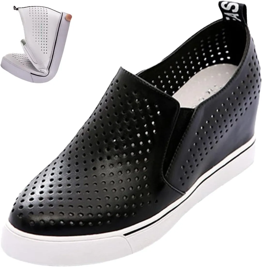 AngryMonkey Women's Hidden Wedge Sole Booties,Ankle Heels Vulcanized Hollow Breathe Comfy Slip on Sneakers Platform Shoes