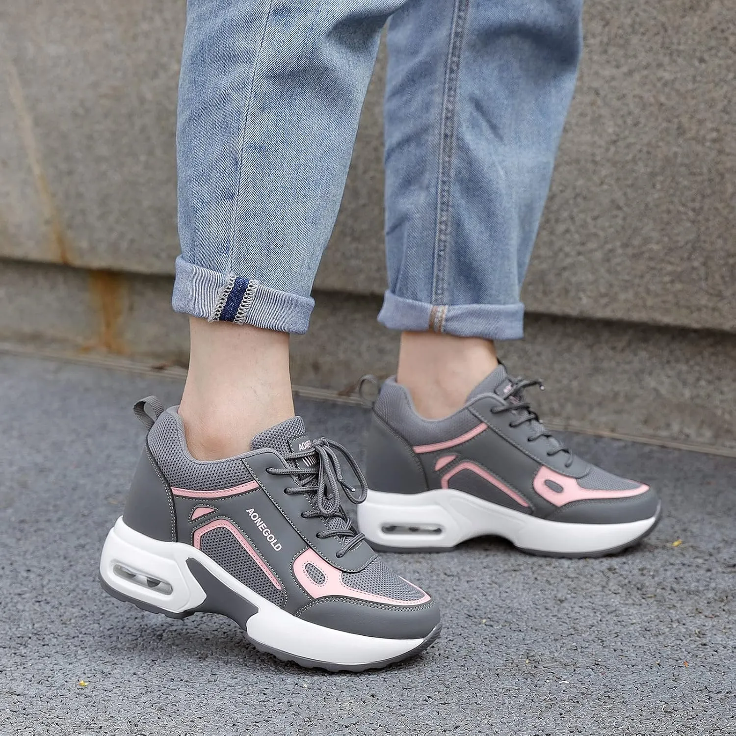 AONEGOLD Hidden Wedge Sneakers for Women Casual Platform Sneakers High Heeld Lace Up Walking Shoes Women's Fashion Sneakers