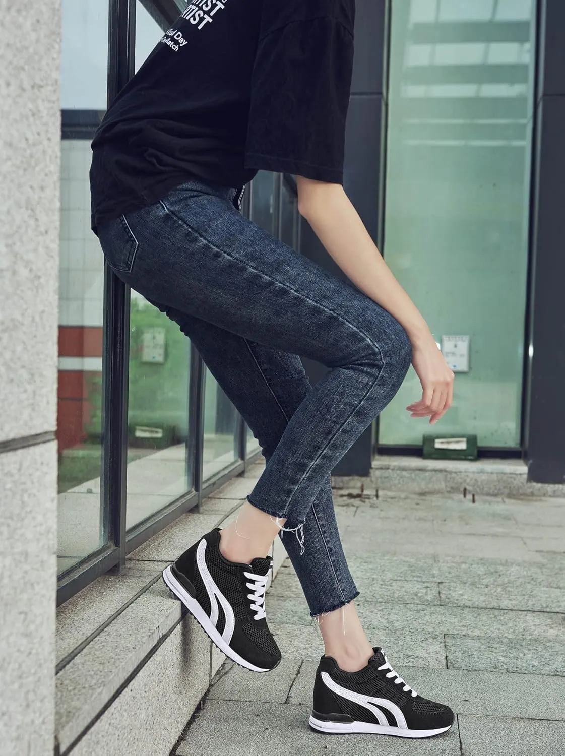 AONEGOLD Women's Hidden Wedge Sneakers High Heeld Lace Up Fashion Lightweight Walking Shoes Platform Sneakers