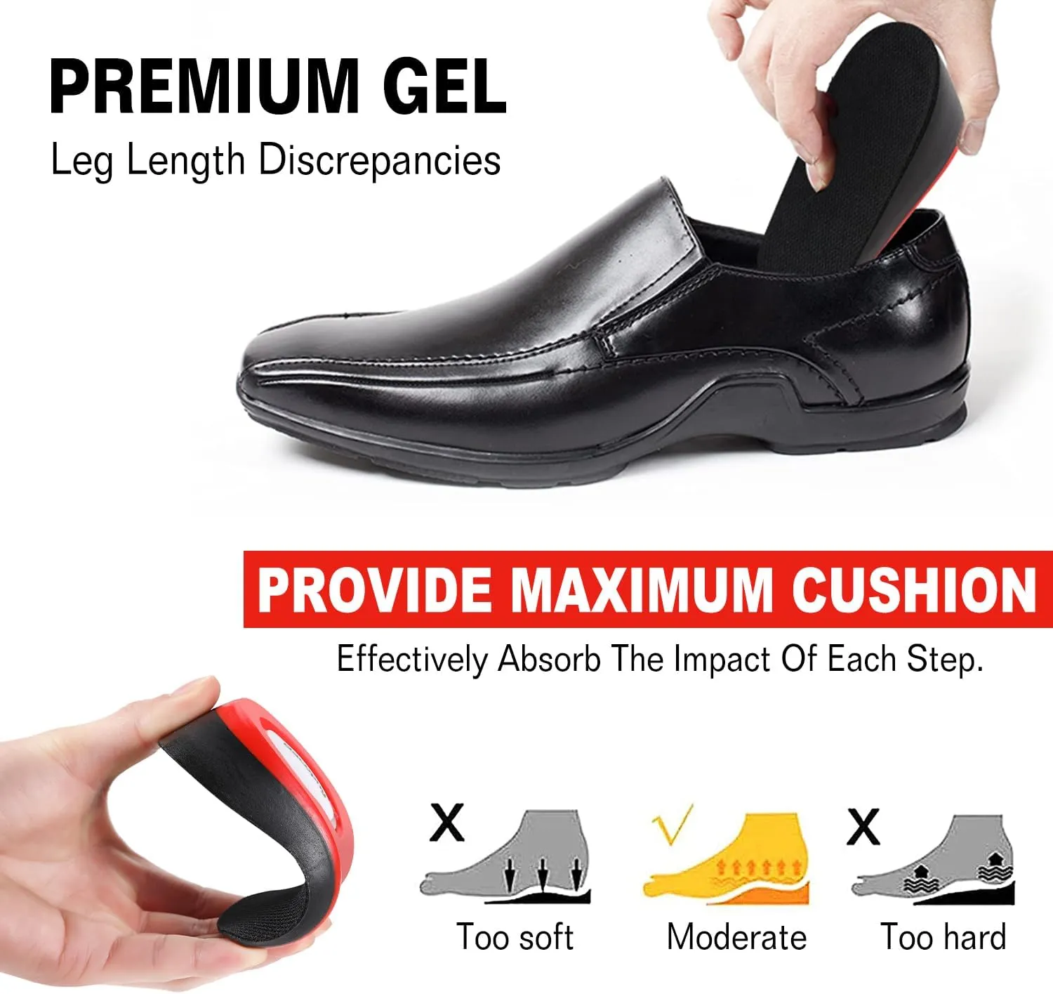 Bacophy Height Increase Insoles 2CM/3CM/4CM, Invisible Shoe Lifts Frim Heel Support, Shock Absorption Heel Cushion Pads, Height Lift Insoles for Men & Women Black&red