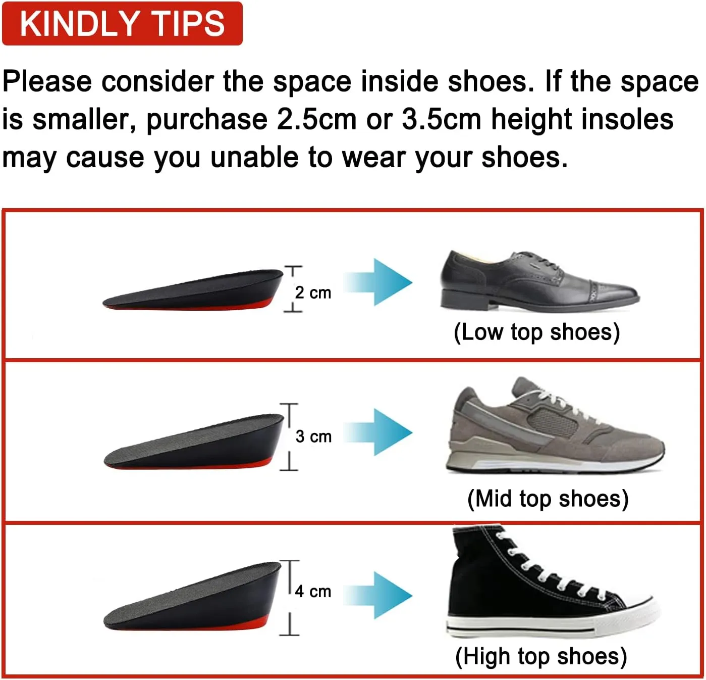 Bacophy Height Increase Insoles 2CM/3CM/4CM, Invisible Shoe Lifts Frim Heel Support, Shock Absorption Heel Cushion Pads, Height Lift Insoles for Men & Women Black&red