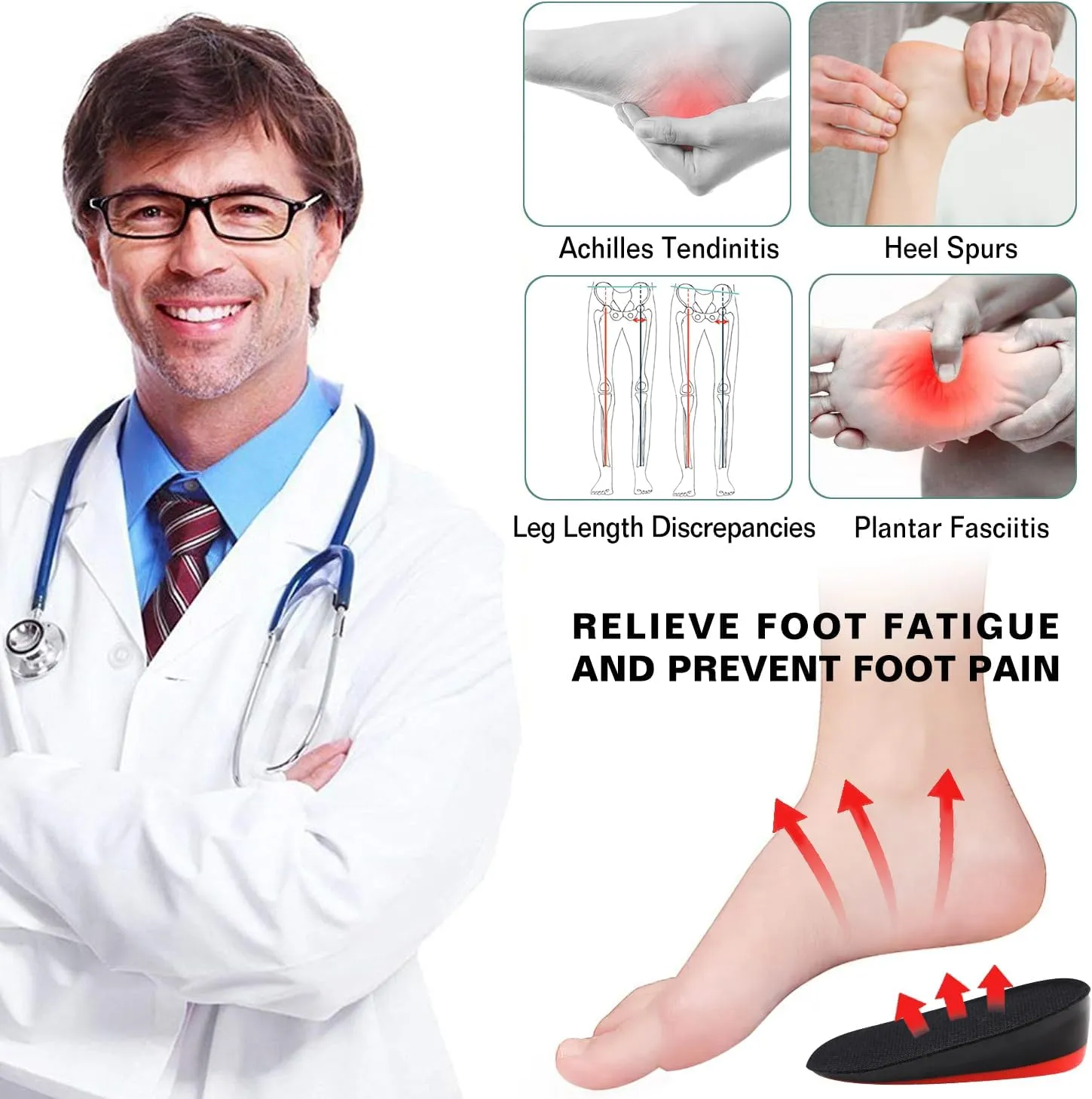 Bacophy Height Increase Insoles 2CM/3CM/4CM, Invisible Shoe Lifts Frim Heel Support, Shock Absorption Heel Cushion Pads, Height Lift Insoles for Men & Women Black&red