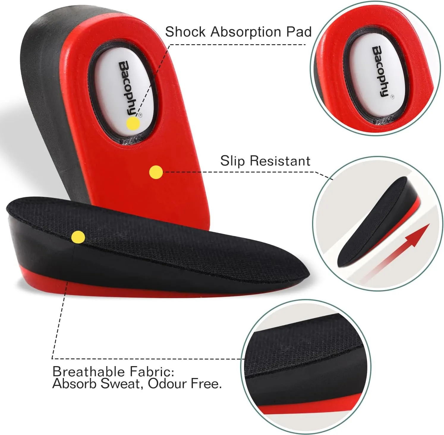 Bacophy Height Increase Insoles 2CM/3CM/4CM, Invisible Shoe Lifts Frim Heel Support, Shock Absorption Heel Cushion Pads, Height Lift Insoles for Men & Women Black&red