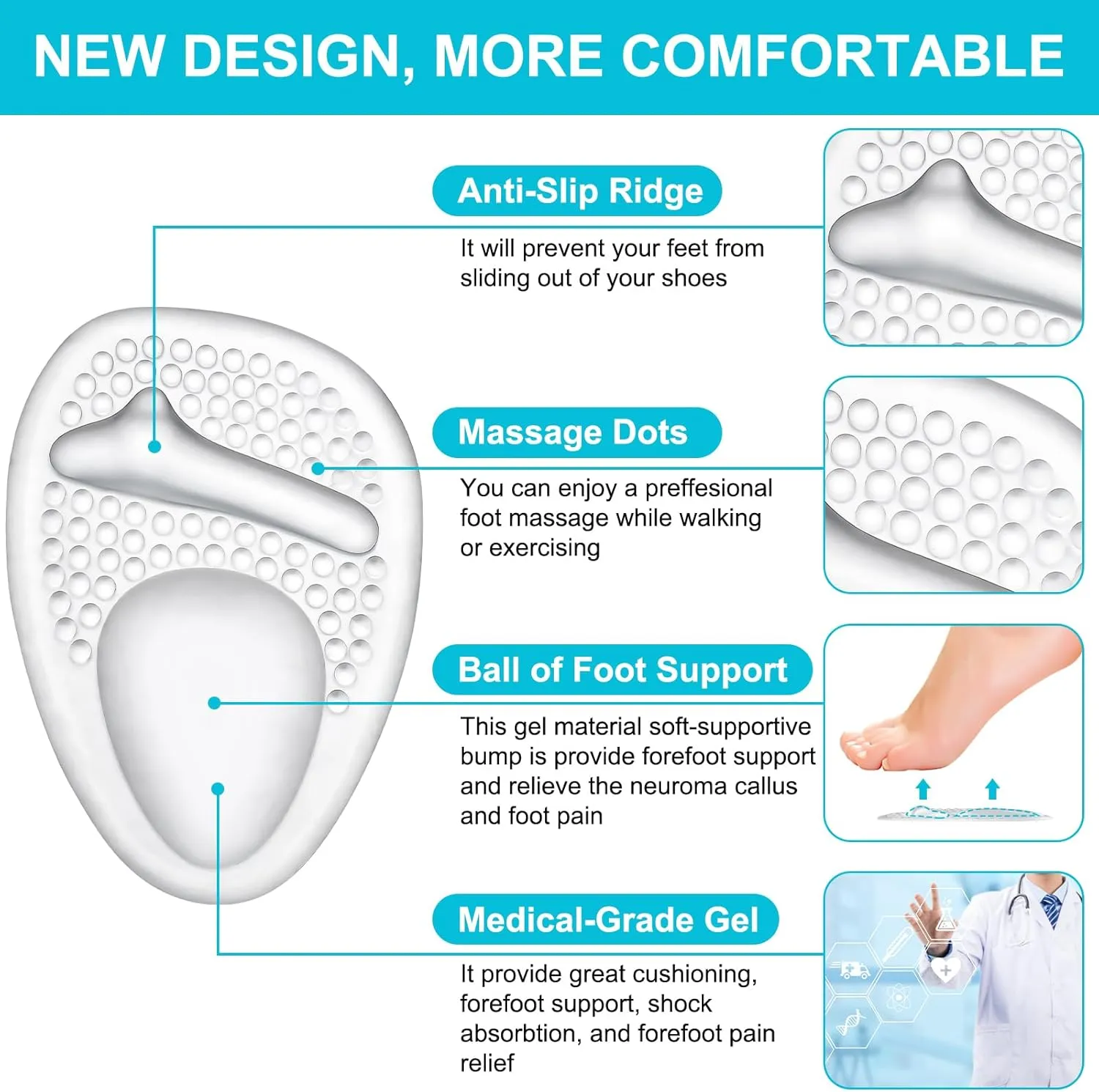 Ball of Foot Cushions, Metatarsal Pads Women, High Heels Non-Slip Comfort Pads, Shoe Support for Metatarsalgia Mortons Neuroma Pain Relief (2 Pairs, Crystal)