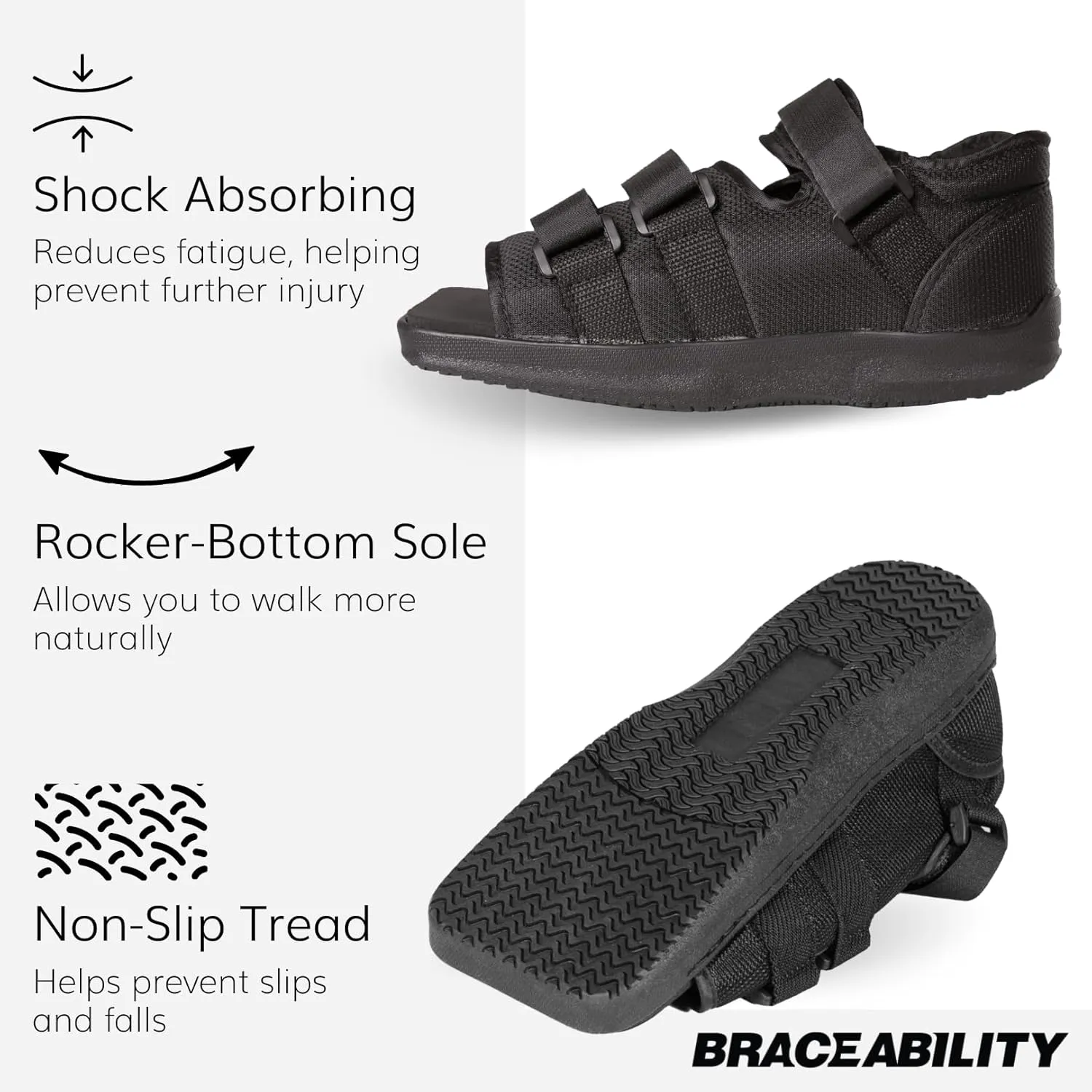 BraceAbility Post Op Shoe Foot Brace - Orthopedic Surgical Cast Shoe for Broken Toes, Injured Foot Protection, Stress Fracture Recovery Medical Boot for Men - FSA HSA Eligible (L - Male)