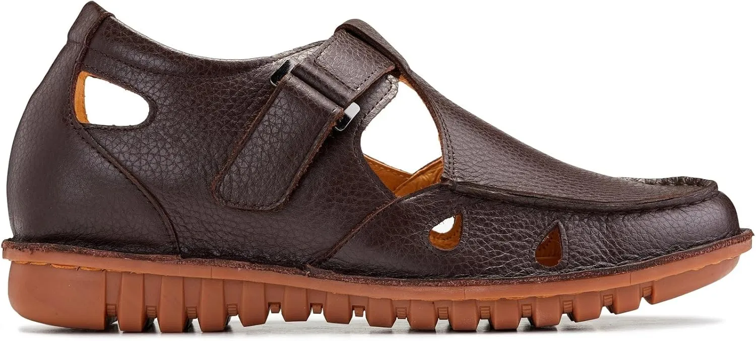 CALTO Men's Invisible Height Increasing Elevator Shoes - Coffee Brown Premium Leather Lightweight Casual Fisherman Sandals - 2.8 Inches Taller - K0752 - Size 9 D(M) US