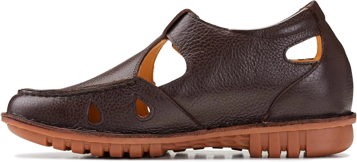 CALTO Men's Invisible Height Increasing Elevator Shoes - Coffee Brown Premium Leather Lightweight Casual Fisherman Sandals - 2.8 Inches Taller - K0752 - Size 9 D(M) US