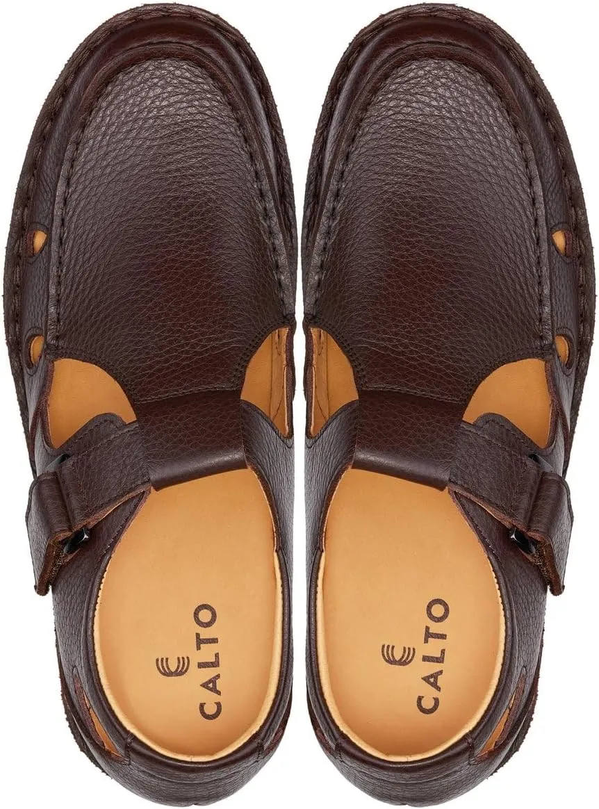 CALTO Men's Invisible Height Increasing Elevator Shoes - Coffee Brown Premium Leather Lightweight Casual Fisherman Sandals - 2.8 Inches Taller - K0752 - Size 9 D(M) US