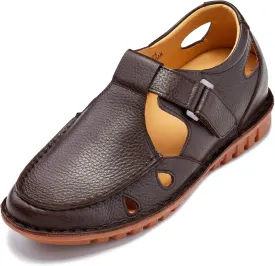 CALTO Men's Invisible Height Increasing Elevator Shoes - Coffee Brown Premium Leather Lightweight Casual Fisherman Sandals - 2.8 Inches Taller - K0752 - Size 9 D(M) US