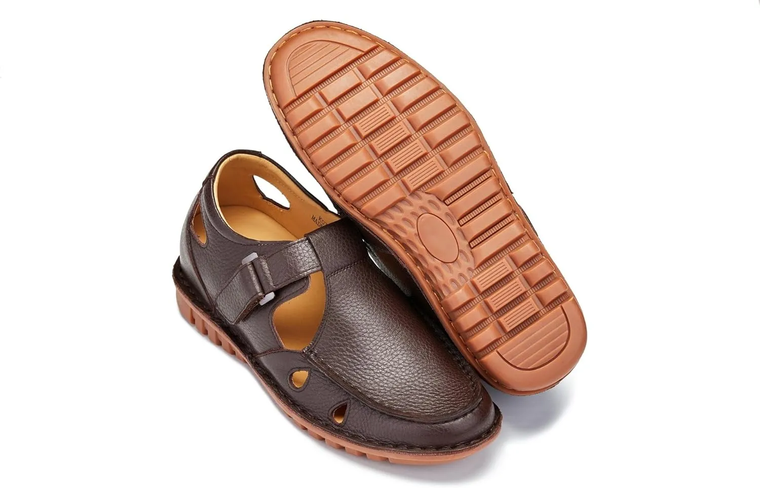 CALTO Men's Invisible Height Increasing Elevator Shoes - Coffee Brown Premium Leather Lightweight Casual Fisherman Sandals - 2.8 Inches Taller - K0752 - Size 9 D(M) US
