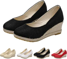 Canvas Espadrille Wedges Closed Toe, Thick Soled Sandals Casual Slip On Walking Shoes Comfortable Heels Wedge Woven Espadrilles Beach Vacation Shoes Trendy Summer Sandals for Women Ladies Outdoor Wear