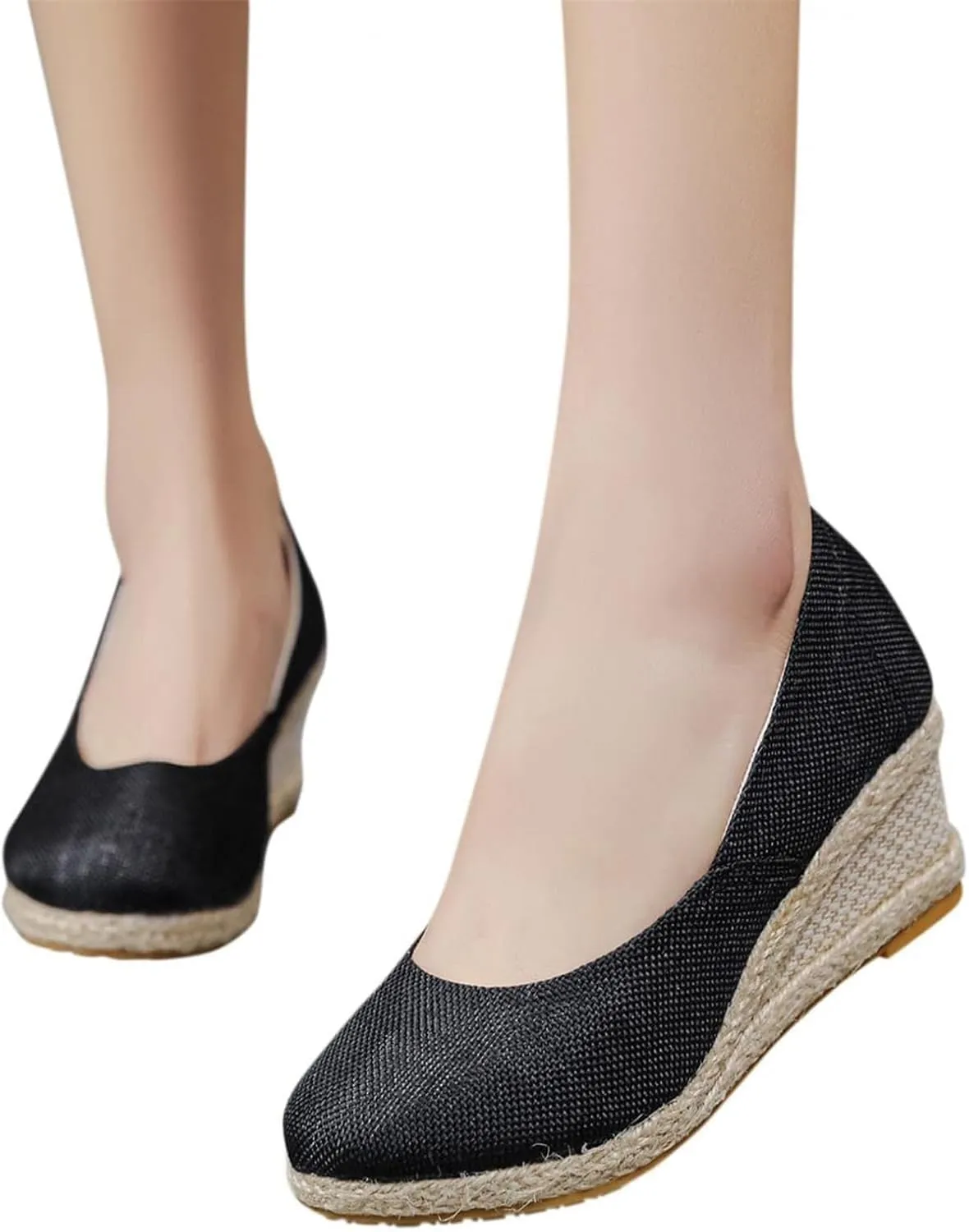 Canvas Espadrille Wedges Closed Toe, Thick Soled Sandals Casual Slip On Walking Shoes Comfortable Heels Wedge Woven Espadrilles Beach Vacation Shoes Trendy Summer Sandals for Women Ladies Outdoor Wear