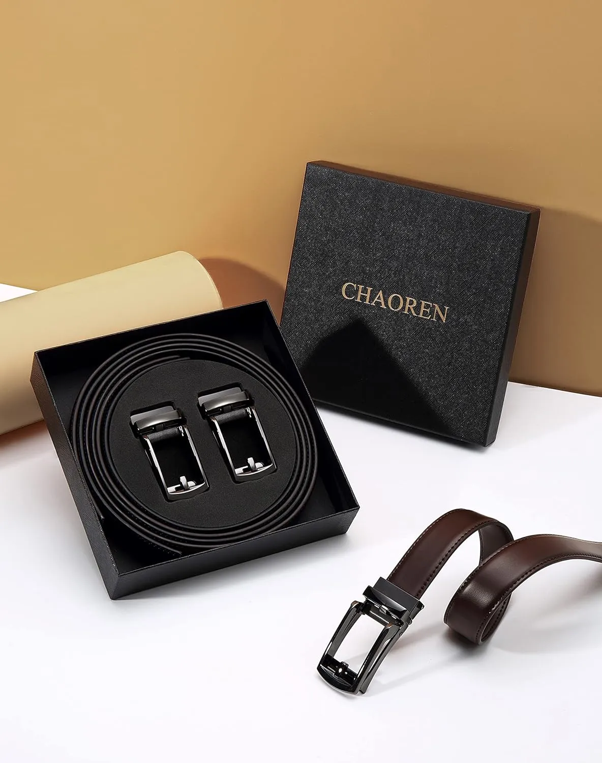 CHAOREN Men's Leather Ratchet Belt Pack of Two - Black, One Size - Adjustable, Scratch Resistant, Luxury Packaging