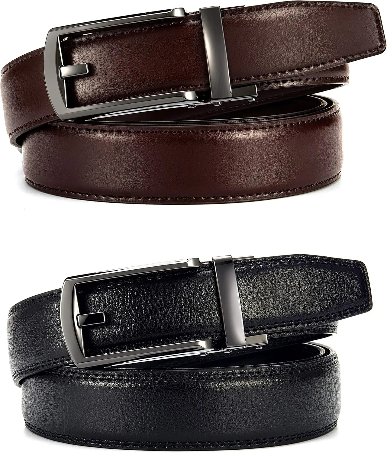 CHAOREN Men's Leather Ratchet Belt Pack of Two - Black, One Size - Adjustable, Scratch Resistant, Luxury Packaging