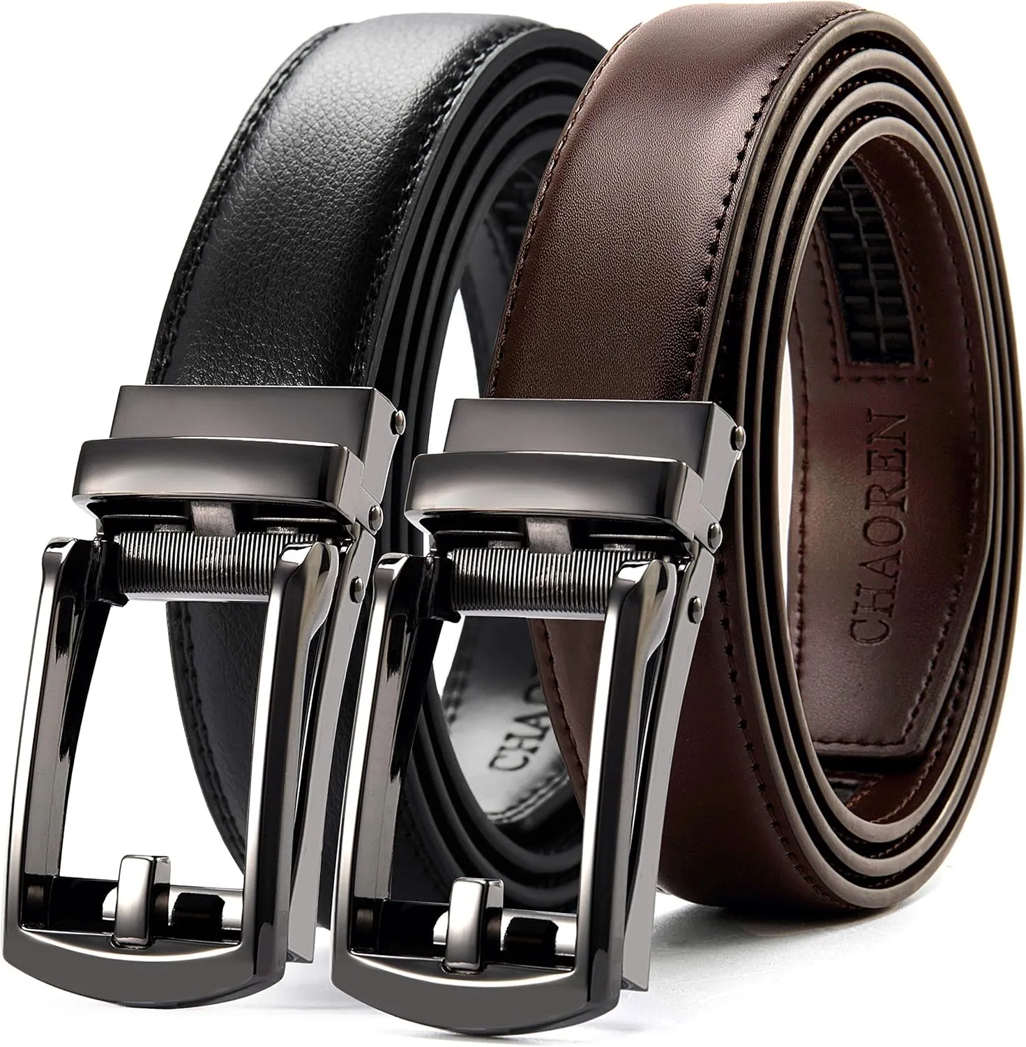 CHAOREN Men's Leather Ratchet Belt Pack of Two - Black, One Size - Adjustable, Scratch Resistant, Luxury Packaging