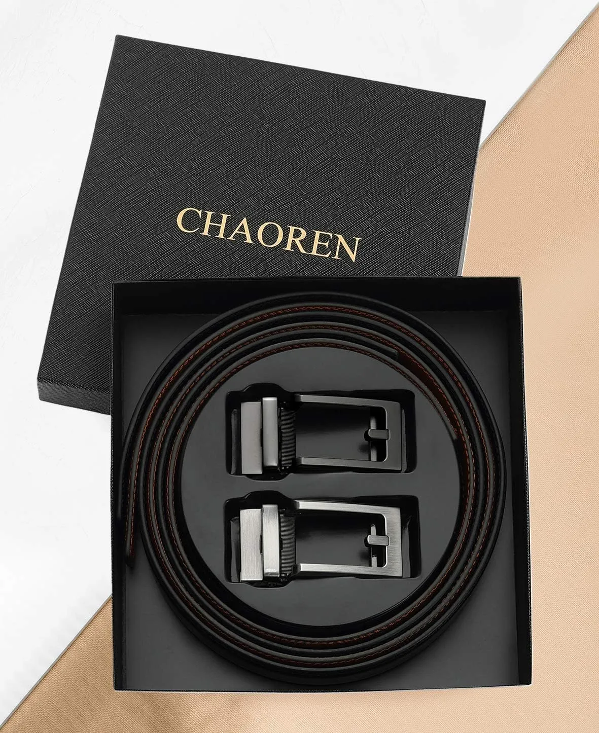 CHAOREN Men's Leather Ratchet Belt Pack of Two - Black, One Size - Adjustable, Scratch Resistant, Luxury Packaging