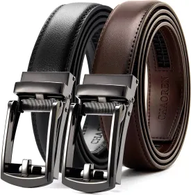 CHAOREN Men's Leather Ratchet Belt Pack of Two - Black, One Size - Adjustable, Scratch Resistant, Luxury Packaging
