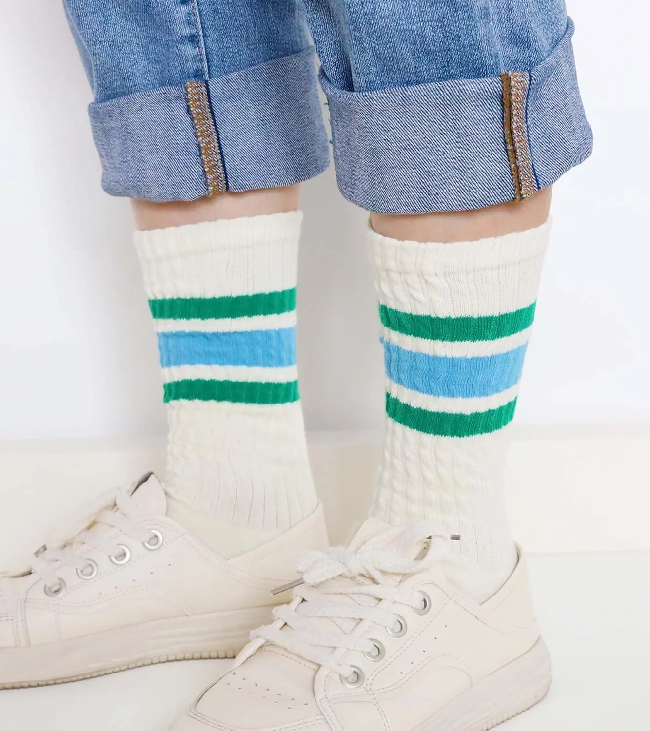 Chunky Ribb Cotton Striped Socks Retro Stripe Crew Socks, 3/5 Pairs with Present Box