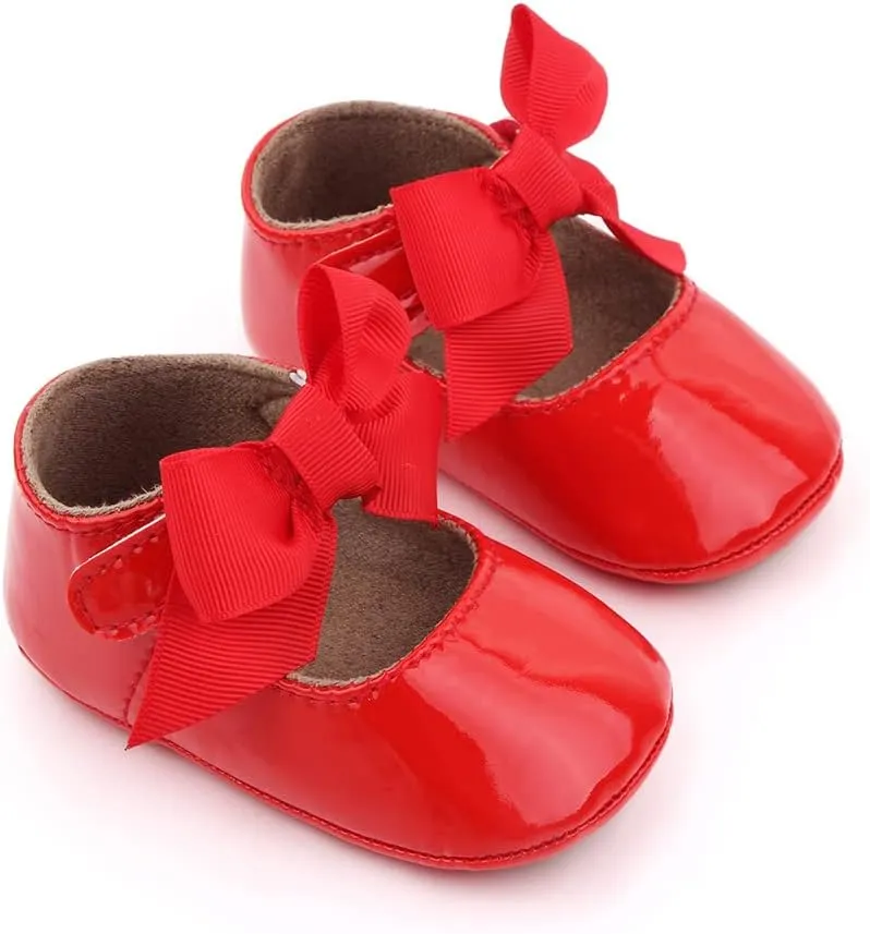 Clowora Infant Toddler Baby Girl Dress Shoes Mary Jane First Walking PU Leather Princess Wedding Rubber Sole Non-Slip with Bowknot Floral Flats