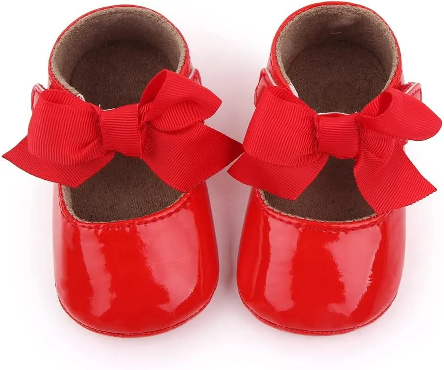 Clowora Infant Toddler Baby Girl Dress Shoes Mary Jane First Walking PU Leather Princess Wedding Rubber Sole Non-Slip with Bowknot Floral Flats