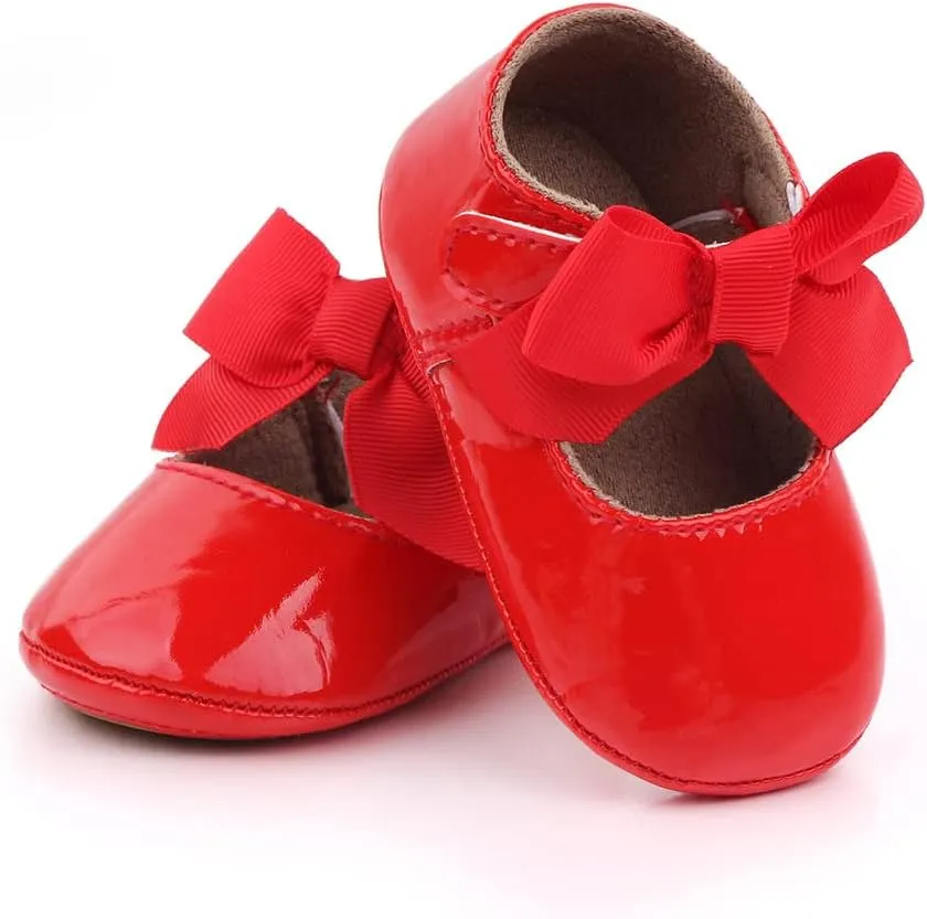 Clowora Infant Toddler Baby Girl Dress Shoes Mary Jane First Walking PU Leather Princess Wedding Rubber Sole Non-Slip with Bowknot Floral Flats