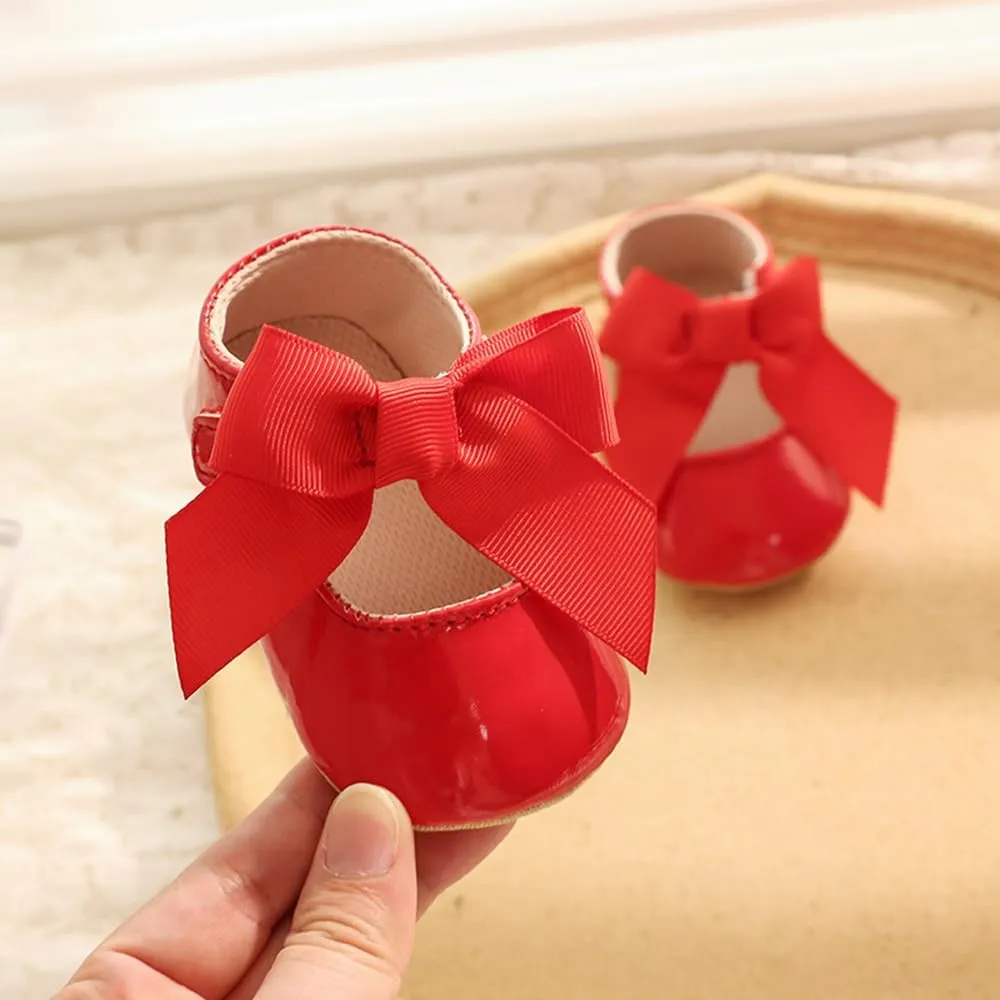 Clowora Infant Toddler Baby Girl Dress Shoes Mary Jane First Walking PU Leather Princess Wedding Rubber Sole Non-Slip with Bowknot Floral Flats