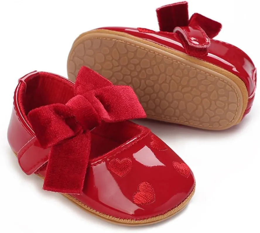 Clowora Infant Toddler Baby Girl Dress Shoes Mary Jane First Walking PU Leather Princess Wedding Rubber Sole Non-Slip with Bowknot Floral Flats