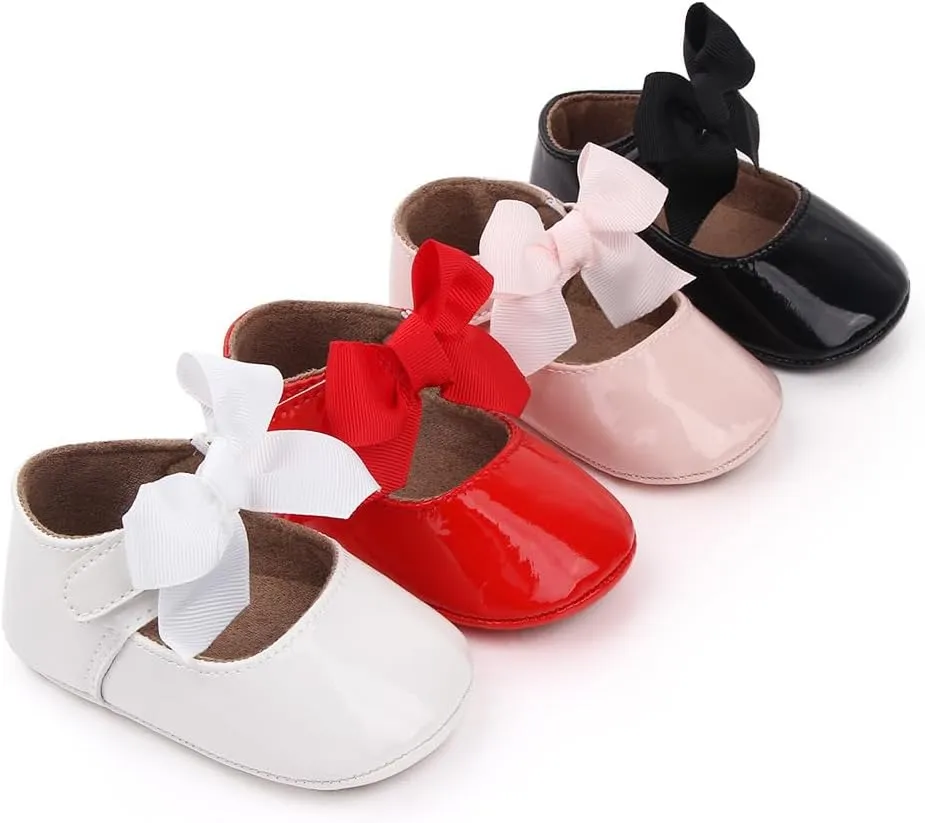 Clowora Infant Toddler Baby Girl Dress Shoes Mary Jane First Walking PU Leather Princess Wedding Rubber Sole Non-Slip with Bowknot Floral Flats