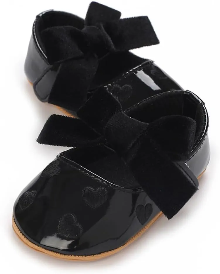 Clowora Infant Toddler Baby Girl Dress Shoes Mary Jane First Walking PU Leather Princess Wedding Rubber Sole Non-Slip with Bowknot Floral Flats