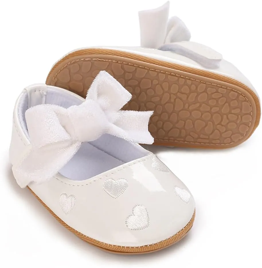 Clowora Infant Toddler Baby Girl Dress Shoes Mary Jane First Walking PU Leather Princess Wedding Rubber Sole Non-Slip with Bowknot Floral Flats