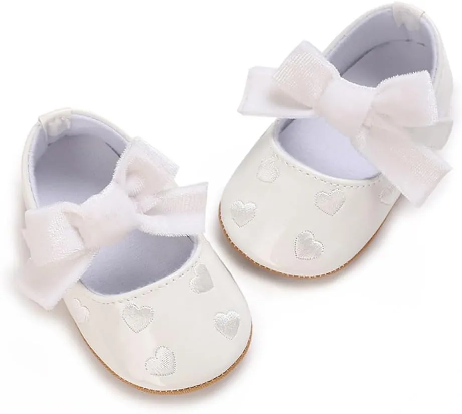 Clowora Infant Toddler Baby Girl Dress Shoes Mary Jane First Walking PU Leather Princess Wedding Rubber Sole Non-Slip with Bowknot Floral Flats