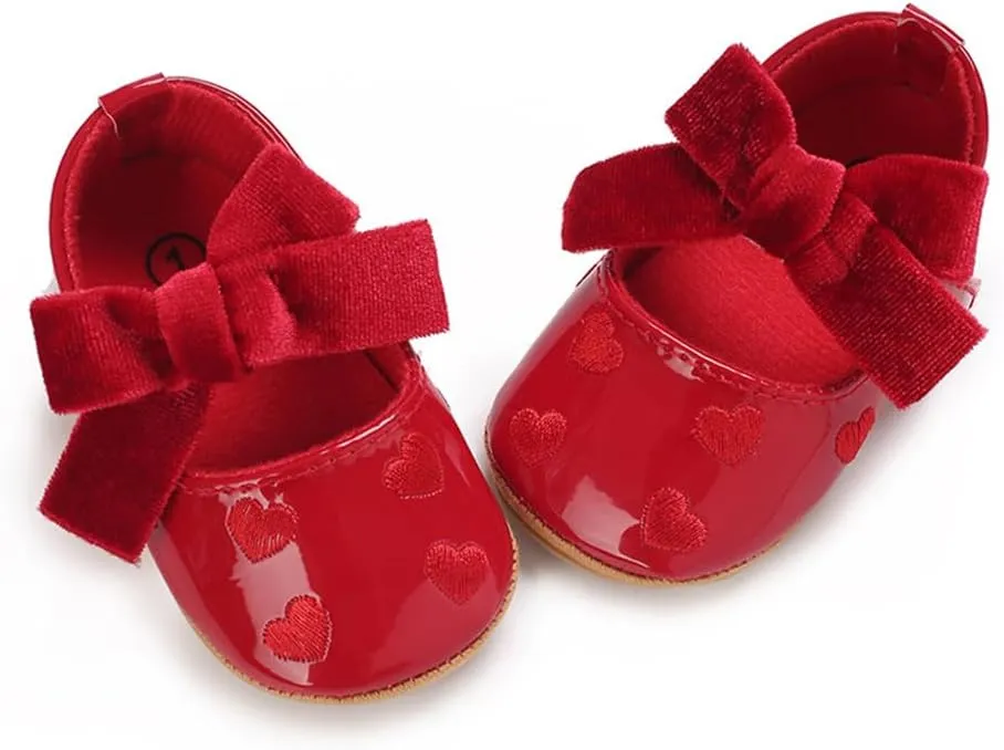 Clowora Infant Toddler Baby Girl Dress Shoes Mary Jane First Walking PU Leather Princess Wedding Rubber Sole Non-Slip with Bowknot Floral Flats