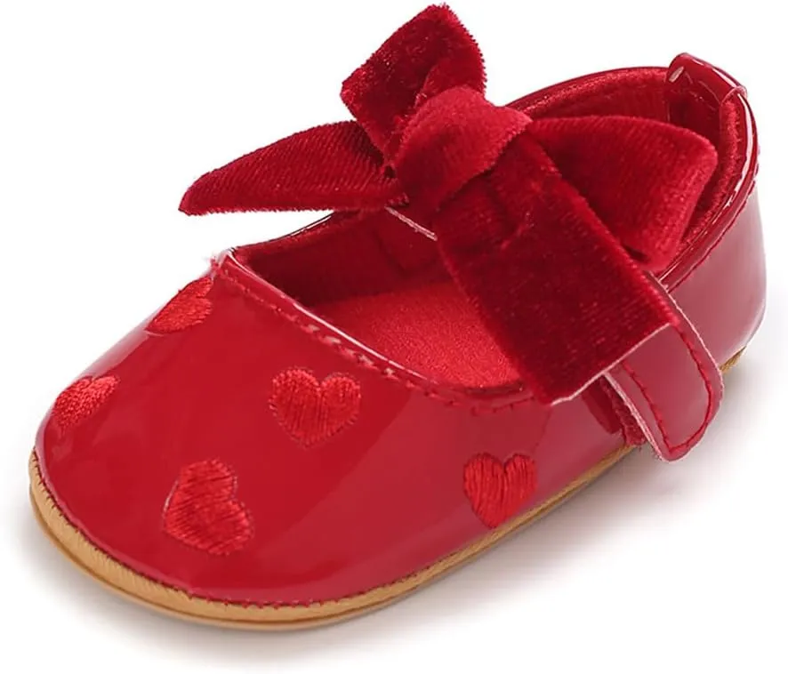 Clowora Infant Toddler Baby Girl Dress Shoes Mary Jane First Walking PU Leather Princess Wedding Rubber Sole Non-Slip with Bowknot Floral Flats
