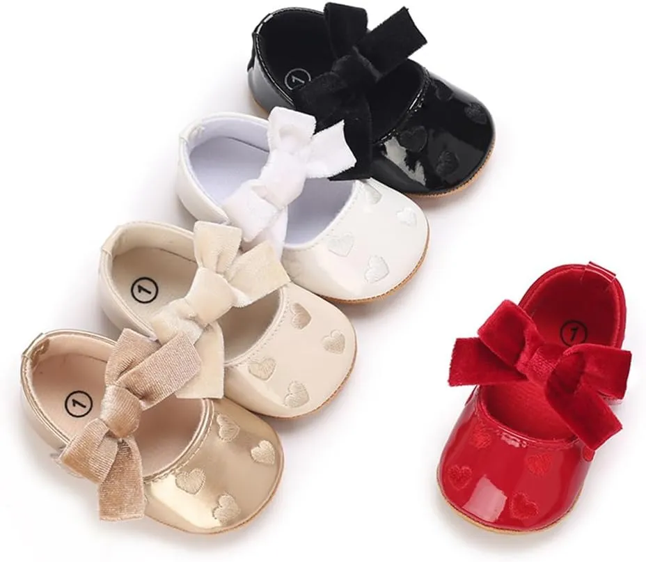 Clowora Infant Toddler Baby Girl Dress Shoes Mary Jane First Walking PU Leather Princess Wedding Rubber Sole Non-Slip with Bowknot Floral Flats