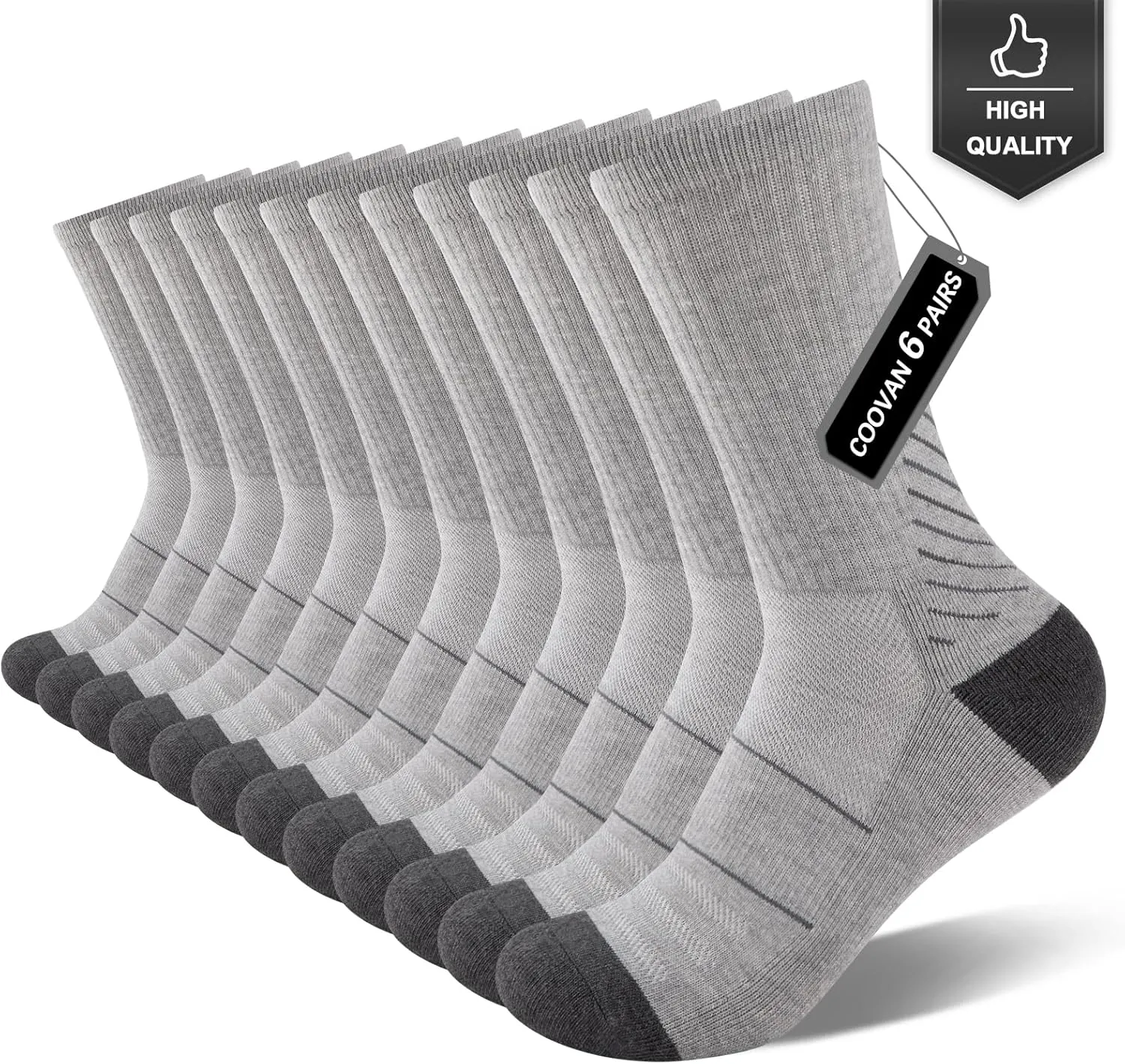 COOVAN Men's 6P-Pack Premium Athletic Crew Socks Men Thick Cushion Casual Work Sock With Moisture Wicking