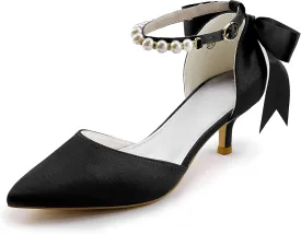 Coutgo Womens Pearl Ankle Strap Pumps Low Kitten Heel D'Orsay Satin Back Tieknot Heels Pointed Toe Wedding Party Dress Shoes