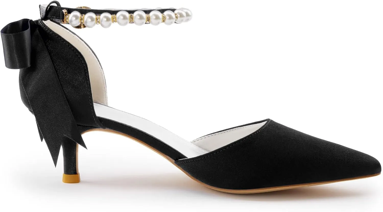 Coutgo Womens Pearl Ankle Strap Pumps Low Kitten Heel D'Orsay Satin Back Tieknot Heels Pointed Toe Wedding Party Dress Shoes