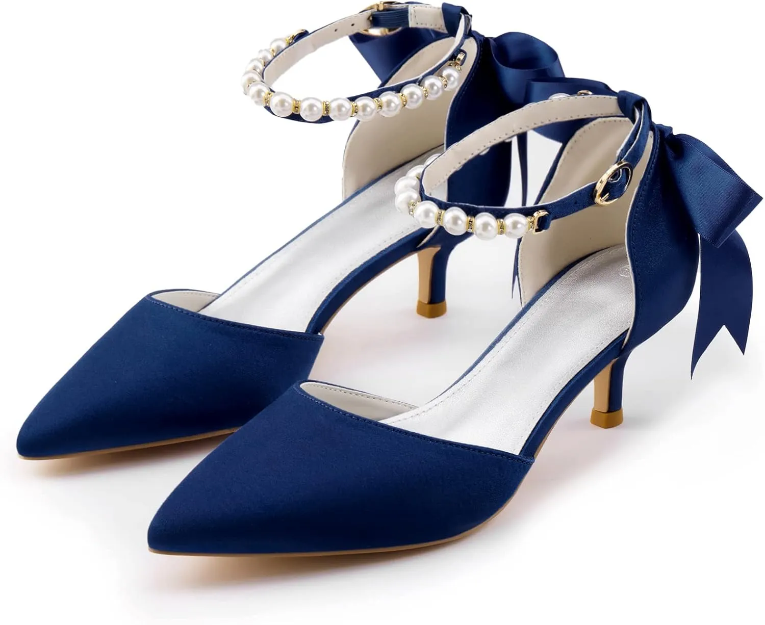 Coutgo Womens Pearl Ankle Strap Pumps Low Kitten Heel D'Orsay Satin Back Tieknot Heels Pointed Toe Wedding Party Dress Shoes