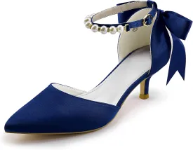 Coutgo Womens Pearl Ankle Strap Pumps Low Kitten Heel D'Orsay Satin Back Tieknot Heels Pointed Toe Wedding Party Dress Shoes
