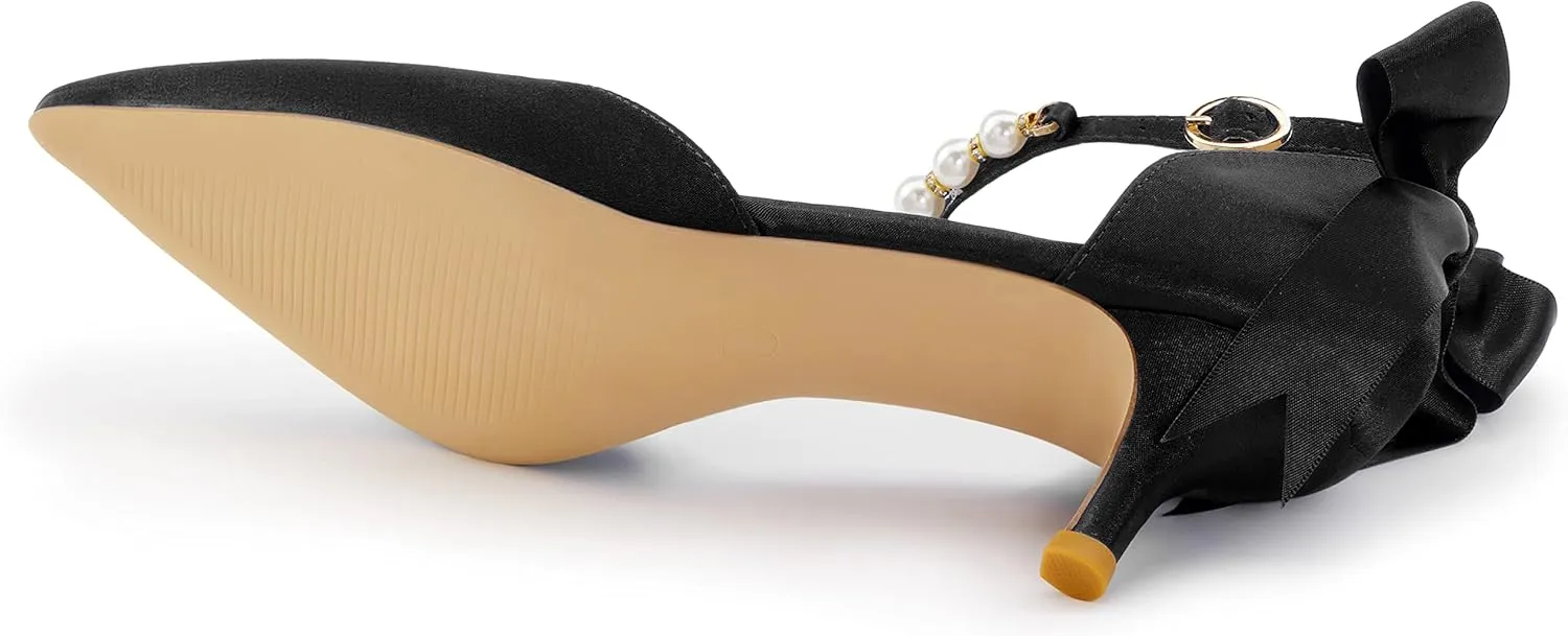 Coutgo Womens Pearl Ankle Strap Pumps Low Kitten Heel D'Orsay Satin Back Tieknot Heels Pointed Toe Wedding Party Dress Shoes