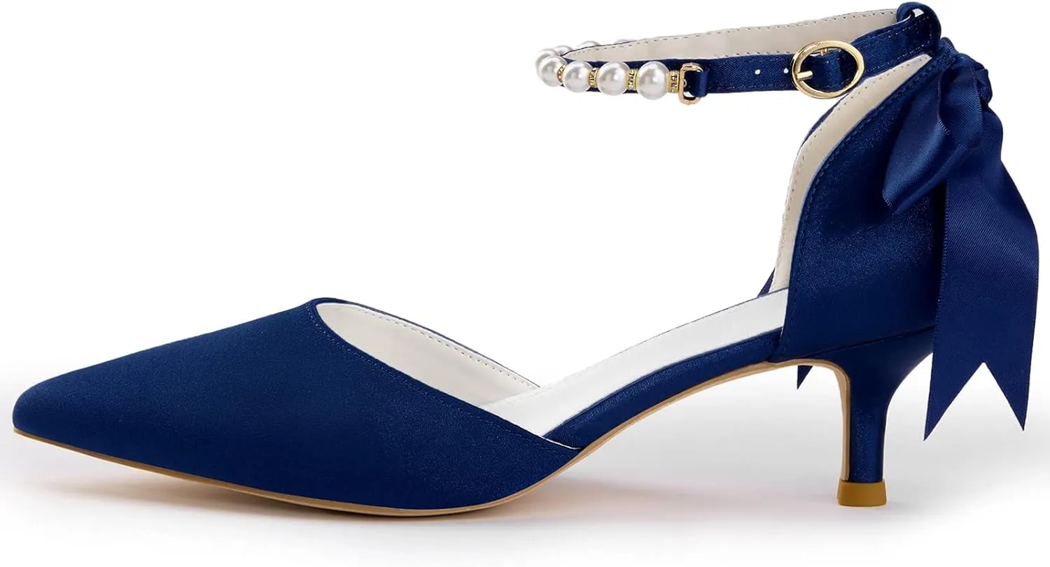Coutgo Womens Pearl Ankle Strap Pumps Low Kitten Heel D'Orsay Satin Back Tieknot Heels Pointed Toe Wedding Party Dress Shoes