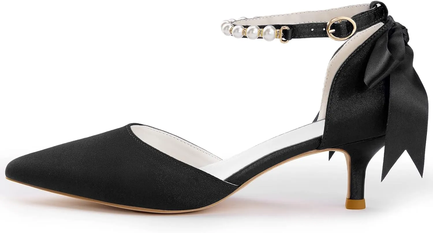 Coutgo Womens Pearl Ankle Strap Pumps Low Kitten Heel D'Orsay Satin Back Tieknot Heels Pointed Toe Wedding Party Dress Shoes