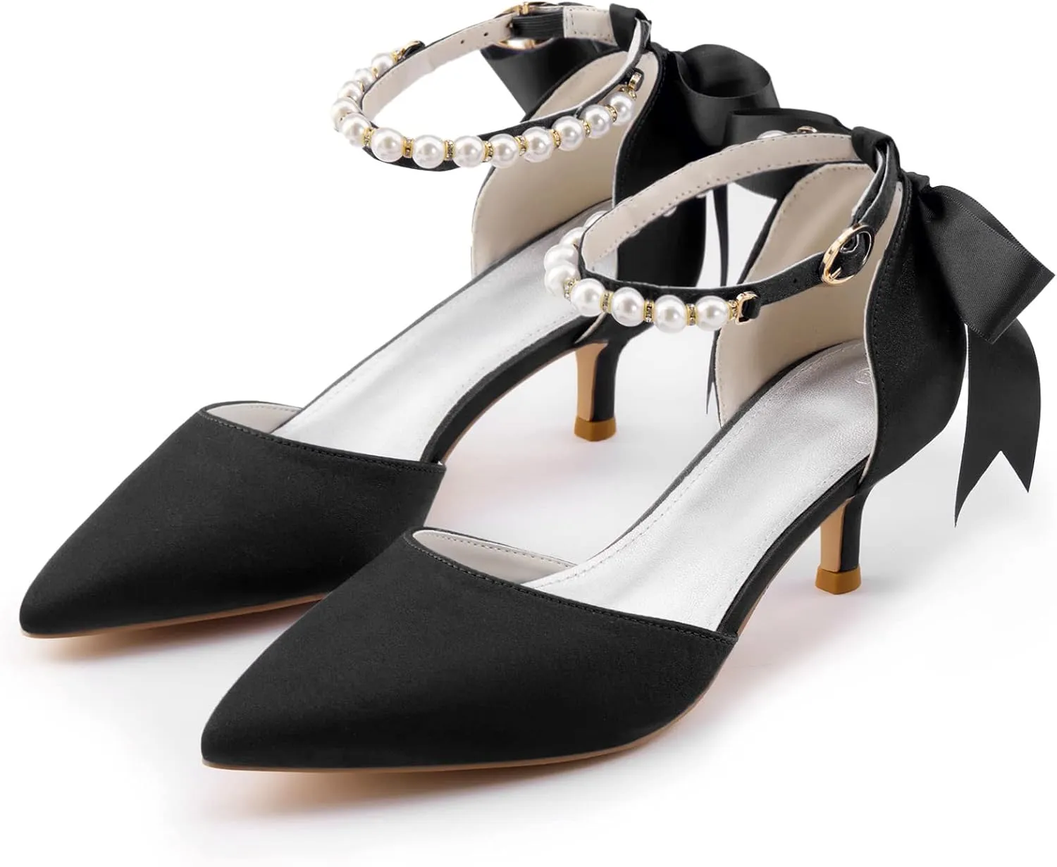 Coutgo Womens Pearl Ankle Strap Pumps Low Kitten Heel D'Orsay Satin Back Tieknot Heels Pointed Toe Wedding Party Dress Shoes