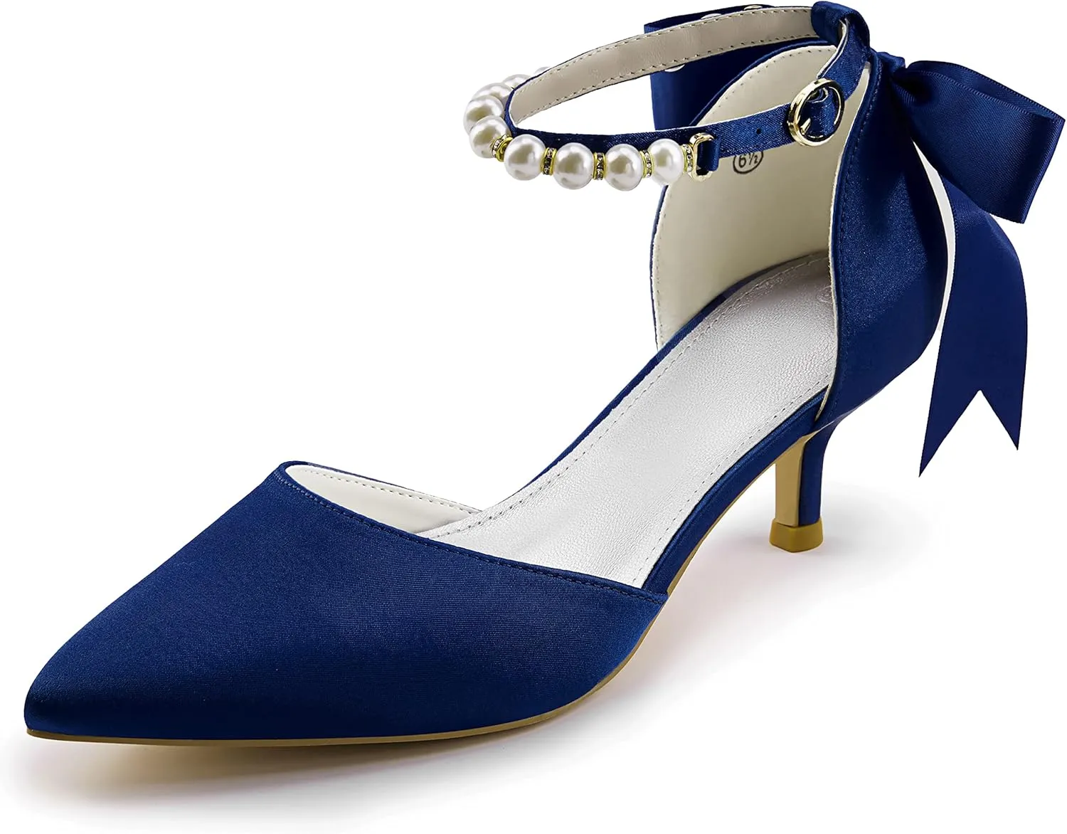 Coutgo Womens Pearl Ankle Strap Pumps Low Kitten Heel D'Orsay Satin Back Tieknot Heels Pointed Toe Wedding Party Dress Shoes
