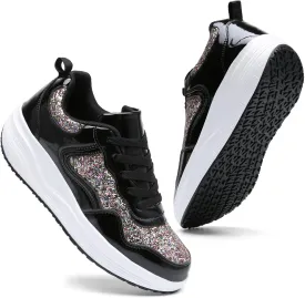 DADAWEN Women's Glitter Platform Wedge Athletic Tennis Walking Shoes Sparkly Sequin Lightweight Non Slip Casual Comfort Fashion Sneakers (Size:US5-US12)