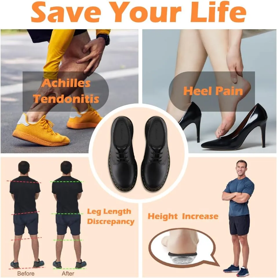 Dr. Shoesert Height Increase Insoles for Men and Women, Wool Felt Gel Heel Cushion Inserts for Leg Length Discrepancy, Shock-Absorbing Shoe Lifts for Heel Pain Relief (Large (1.4" Height), Black)
