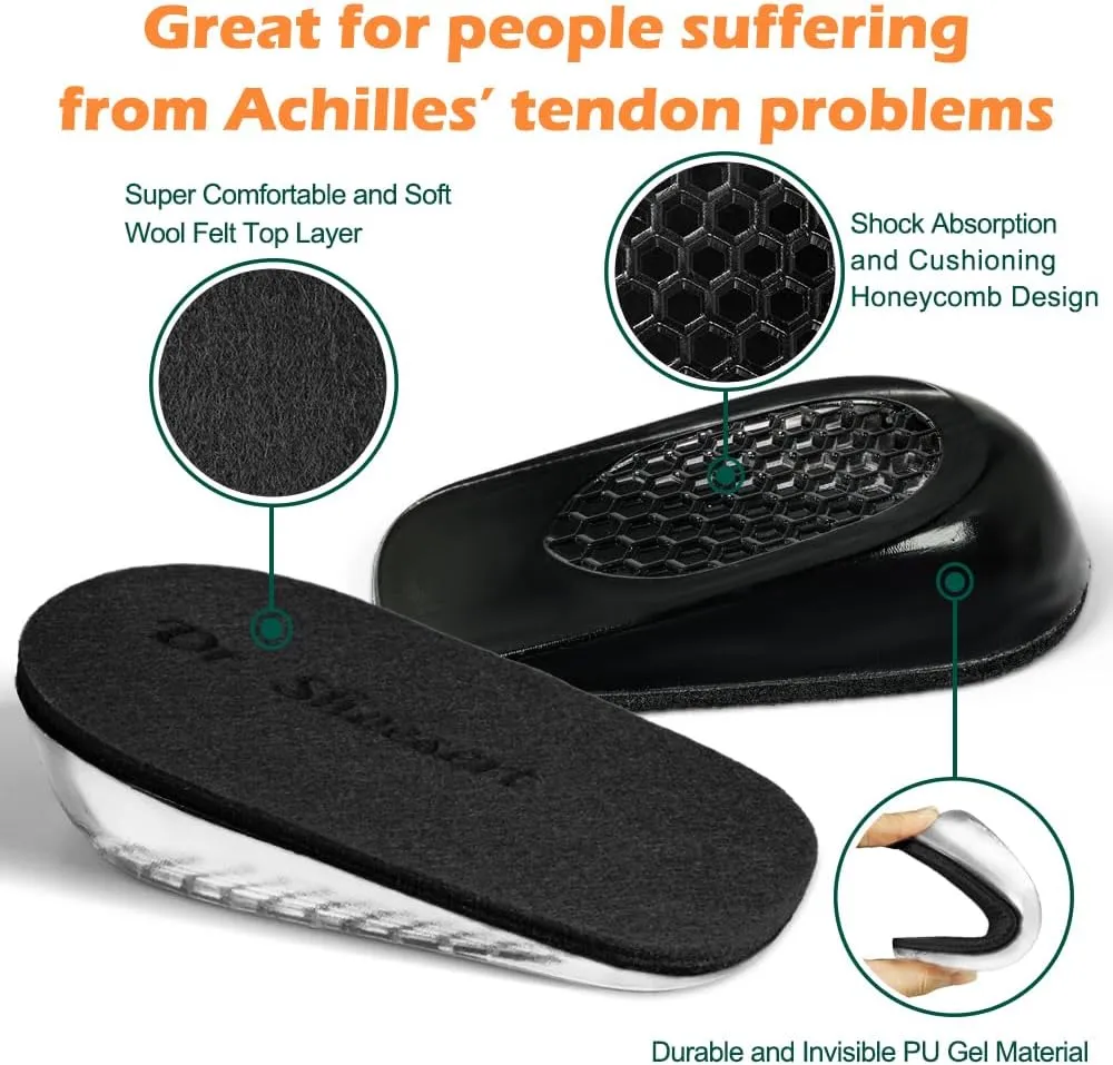 Dr. Shoesert Height Increase Insoles for Men and Women, Wool Felt Gel Heel Cushion Inserts for Leg Length Discrepancy, Shock-Absorbing Shoe Lifts for Heel Pain Relief (Large (1.4" Height), Black)