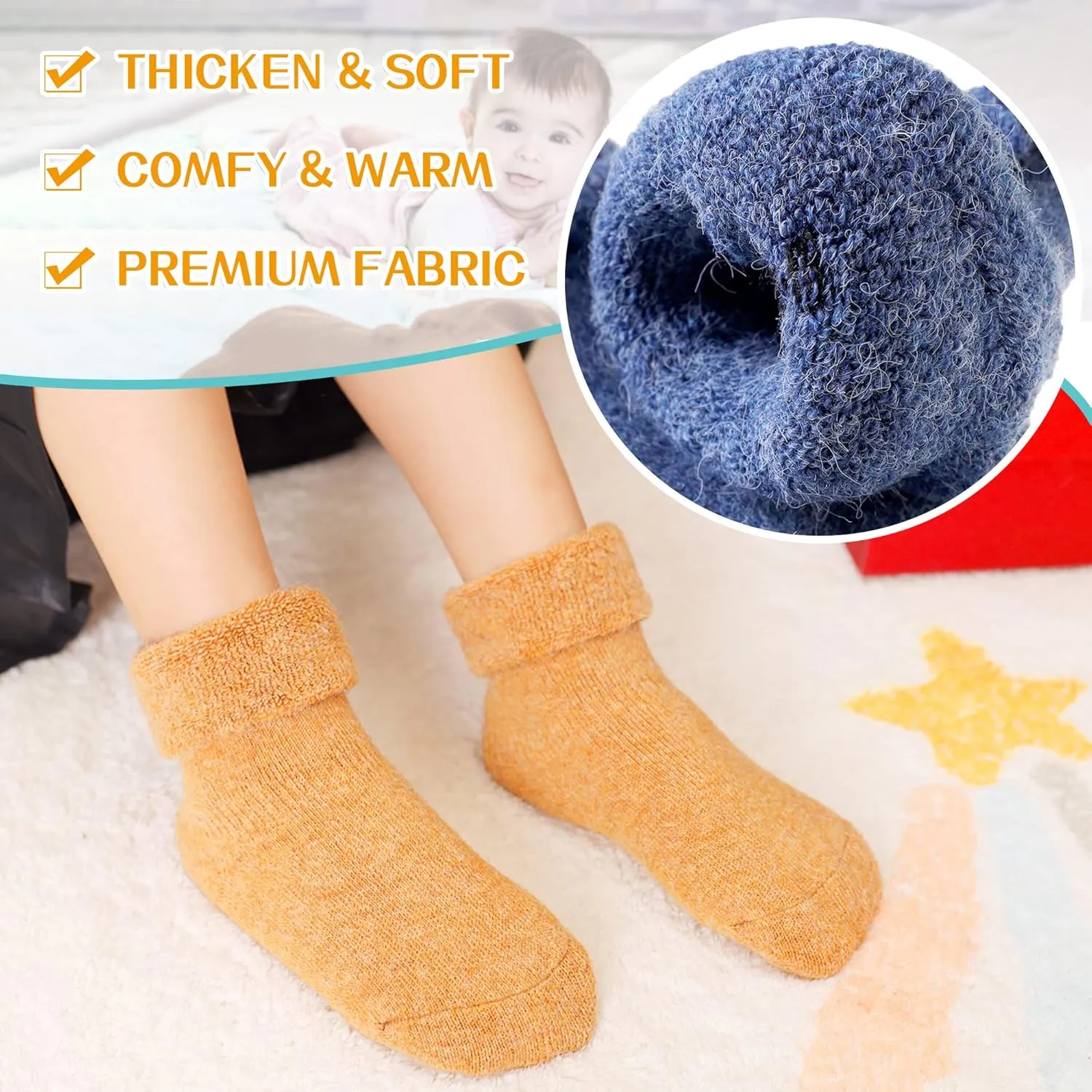 Eyean Baby Wool Grip Sock Soft Winter Warm Thick Non Slip Toddler Boy Girls Crew Socks For Children 6 Pairs