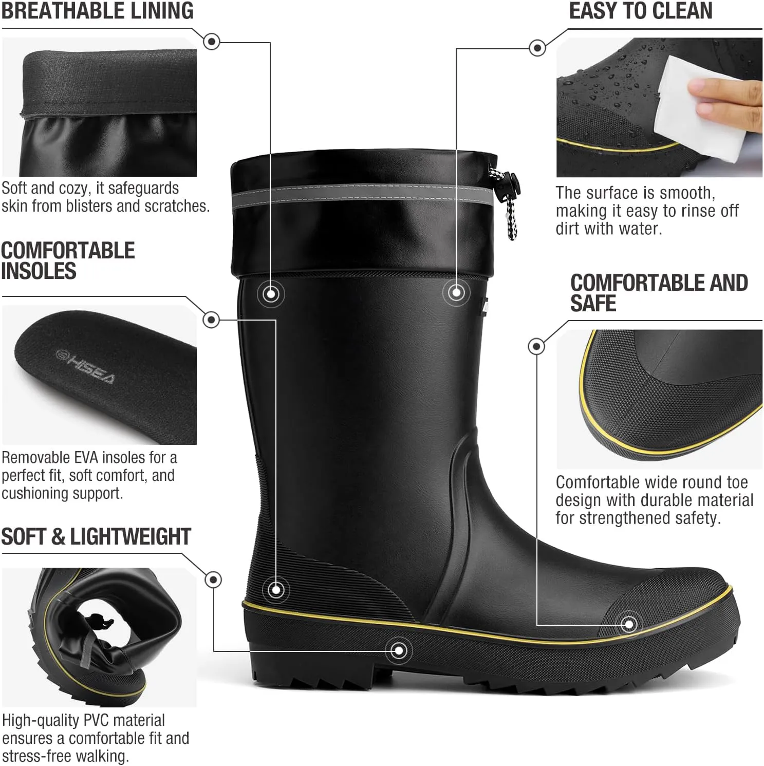 HISEA Men's Rubber Rain Boots Waterproof Durable Non Slip Mid Calf Boots for Garden Fishing Outdoor with Adjustable Closure